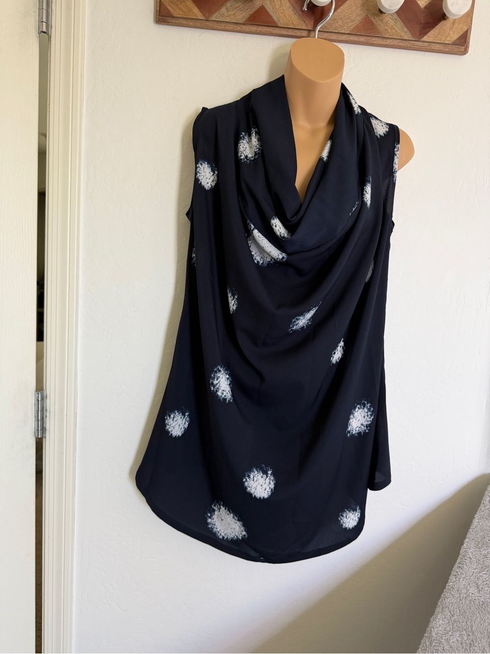 Kokomarina Sleeveless Navy  Cowl Neck Tunic with White Spot Print M